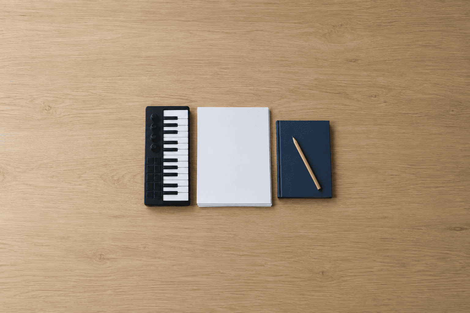A compact black MIDI keyboard, a stack of blank white paper and a closed navy hardback notebook with a pencil on it, laid in a row at the centre of a wide light oak desk and shot from above
