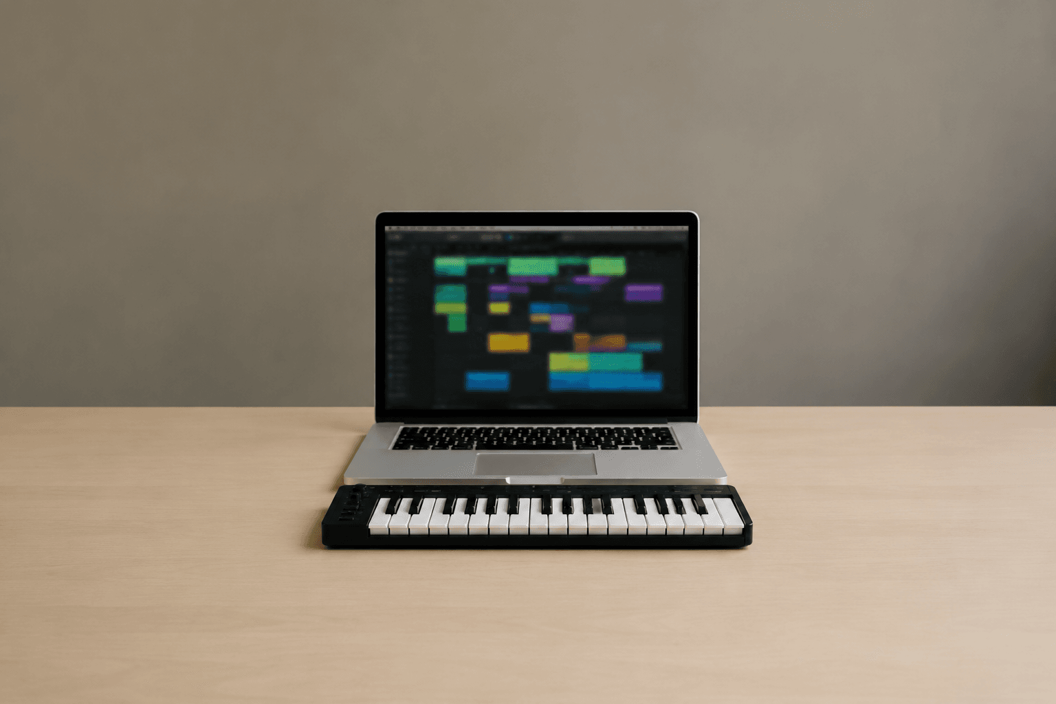 An open silver laptop centred on a pale wood desk in soft daylight, its screen showing an out-of-focus grid of coloured clip blocks, with a small black MIDI keyboard lying flat in front of it against a plain grey-brown wall