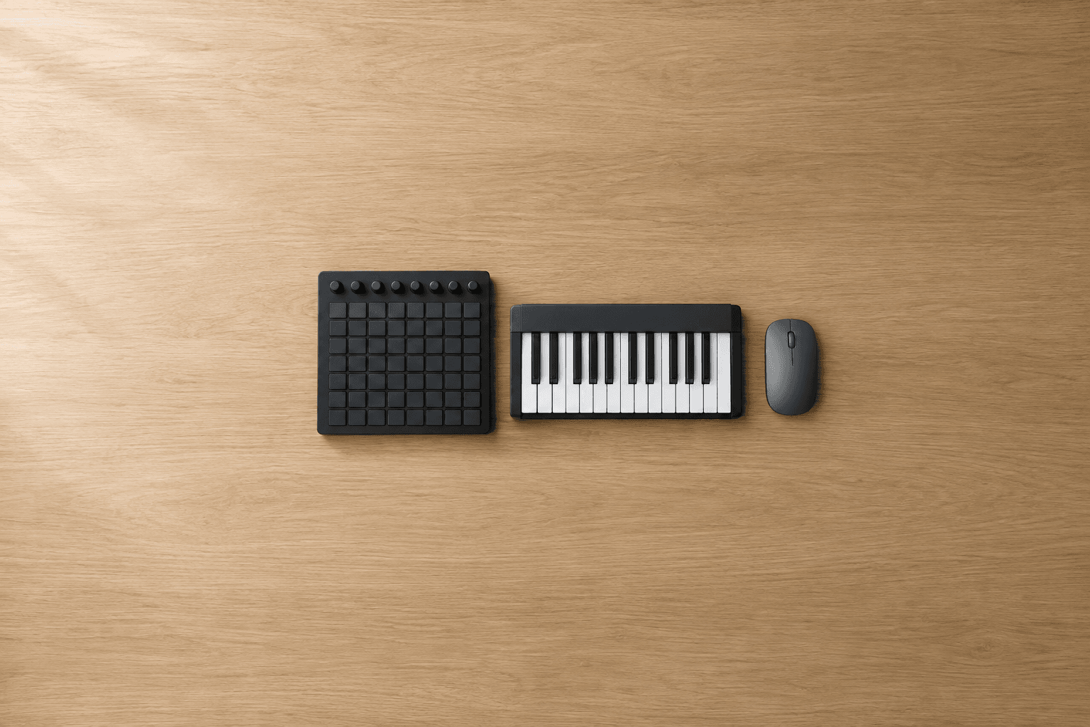 A square black pad controller with an eight by eight grid of rubber pads and a row of knobs, a compact two-octave MIDI keyboard and a grey computer mouse, laid in a row at the centre of a wide light oak desk and shot from above