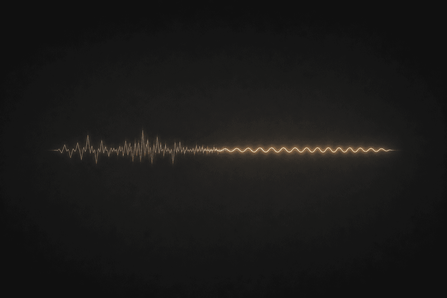 Abstract wide illustration of a single audio waveform crossing a dark charcoal background, jagged and grey on the left half, smoothing into an even glowing amber wave on the right half