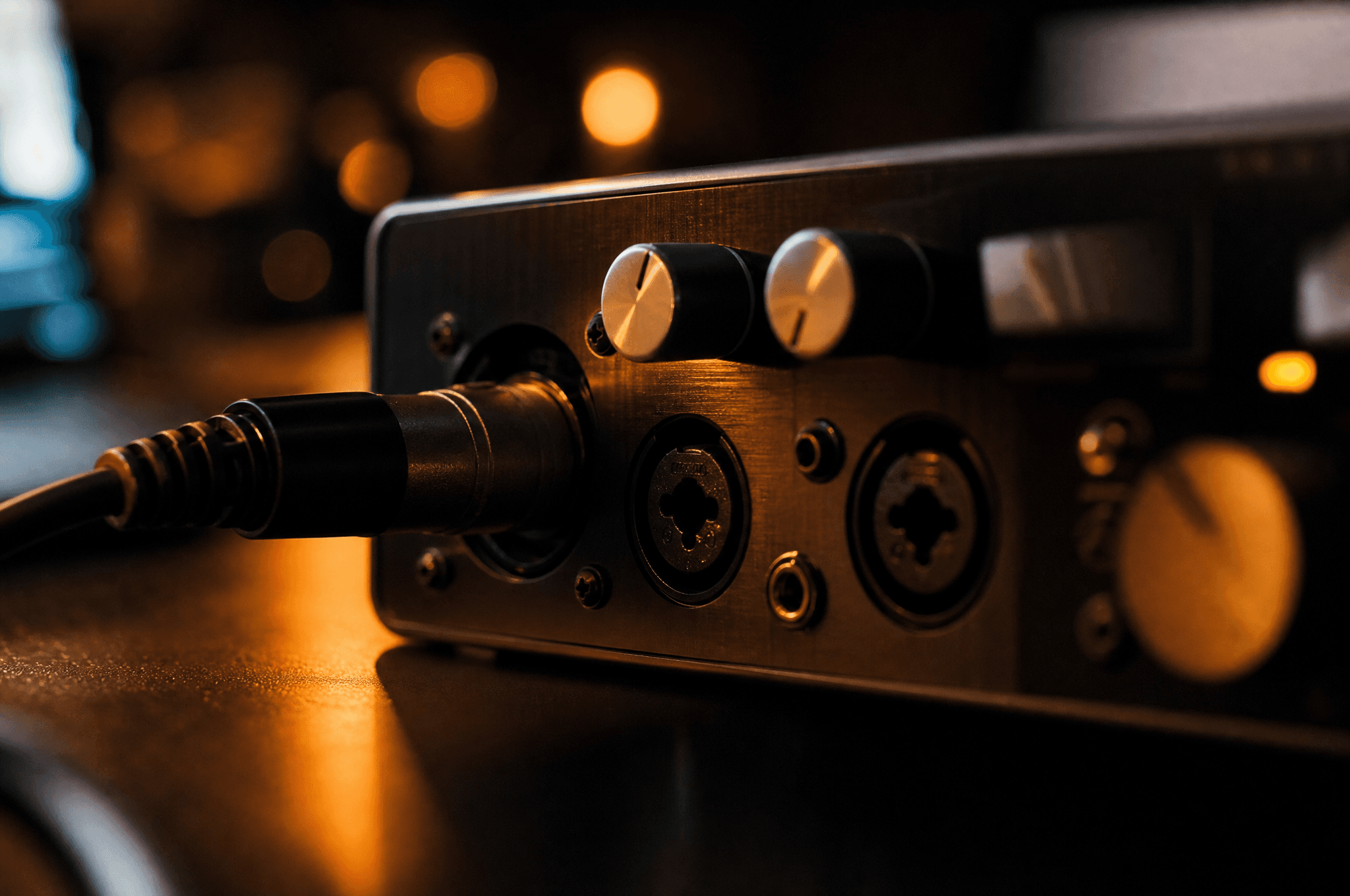 Close-up of an audio interface's gain knobs and input sockets on a studio desk, cables plugged in
