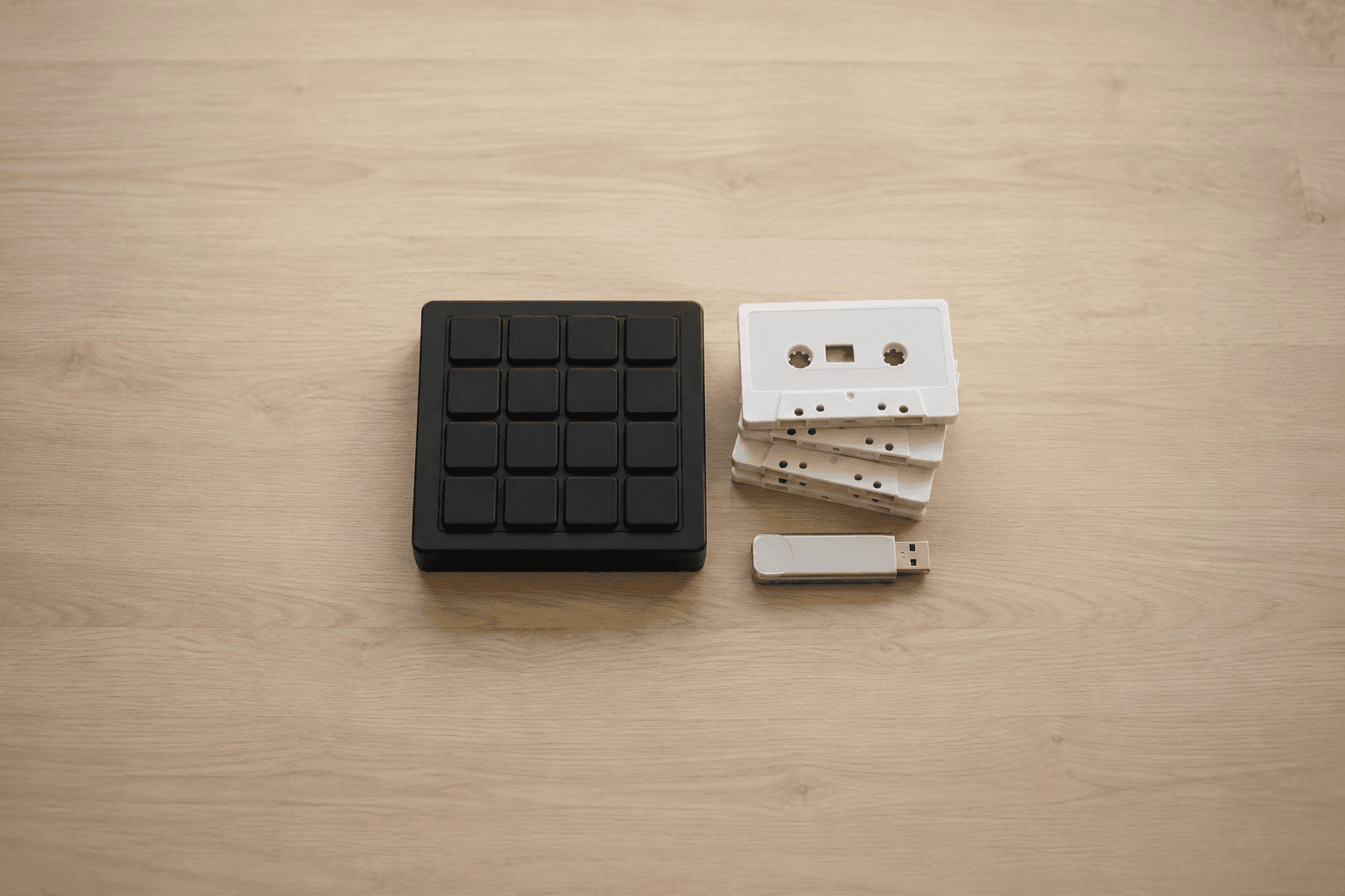 A plain black drum pad controller with a four-by-four grid of unlabelled pads next to a small stack of blank white cassette tapes and a silver USB stick, on a pale wood desk shot from directly above
