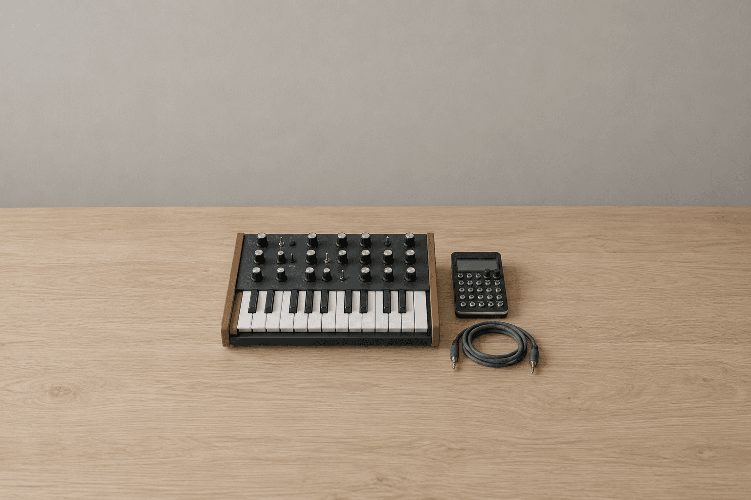 A small black analogue-style synthesizer with 25 mini keys, rows of round knobs and wooden end cheeks, next to a palm-sized pocket synth with a grid of buttons and a coiled patch cable, on a pale oak desk against a plain grey wall