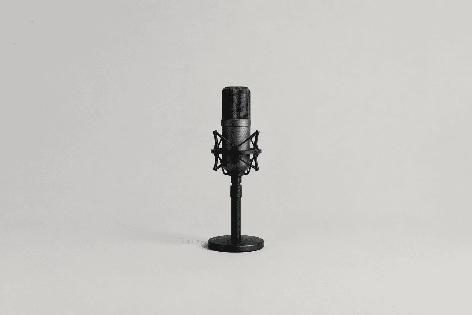 A generic dark grey large-diaphragm condenser microphone in a black elastic shockmount on a slim desk stand, centred on a plain pale grey background with empty space around it