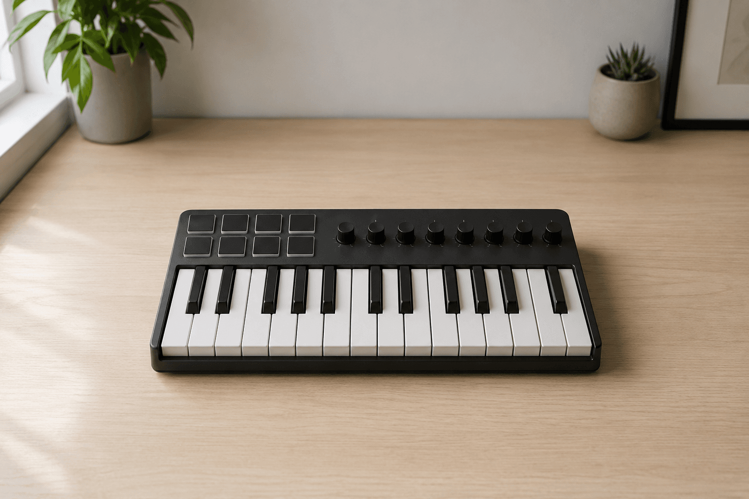 A small black MIDI controller keyboard with mini keys, eight rubber pads and eight rotary knobs, sitting on a pale wooden desk in daylight with a houseplant on the windowsill behind it