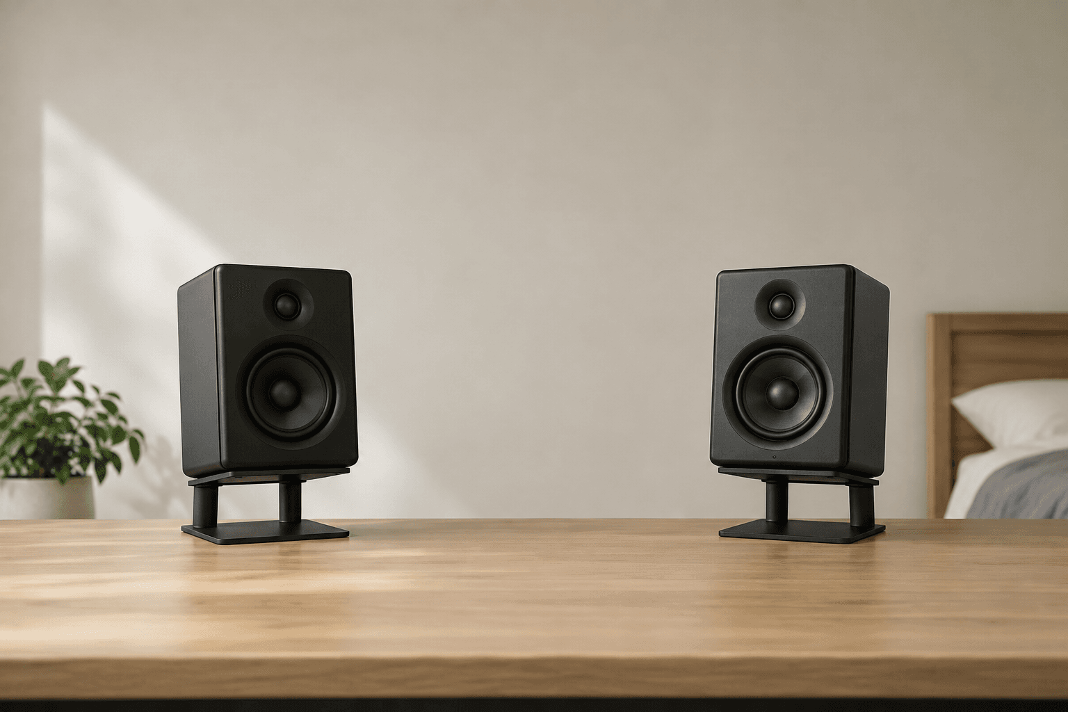 A pair of small matte black two-way studio monitor speakers on short desk stands at either end of a light wooden desk, set well apart against a plain pale bedroom wall, with a houseplant to the left and the corner of a bed to the right