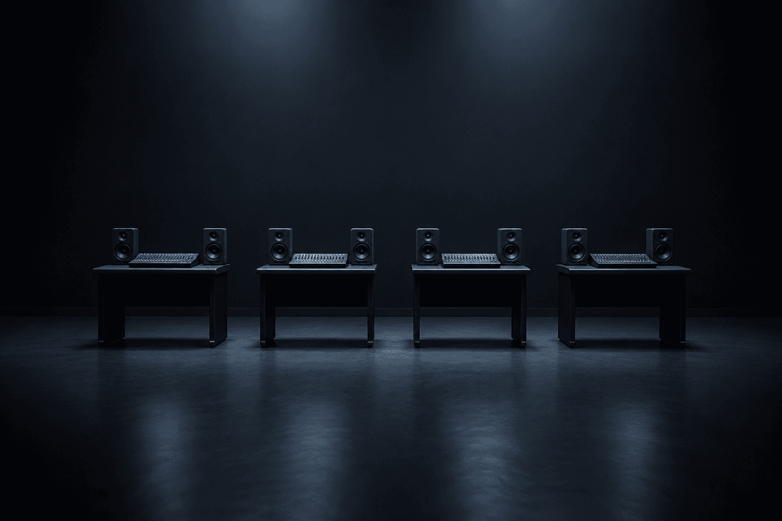 Four identical empty music production workstations evenly spaced in a row across a near-black teaching studio, each a dark desk holding two studio monitor speakers and a low mixing console, lit from above in cool blue-grey light with reflections on a polished dark floor