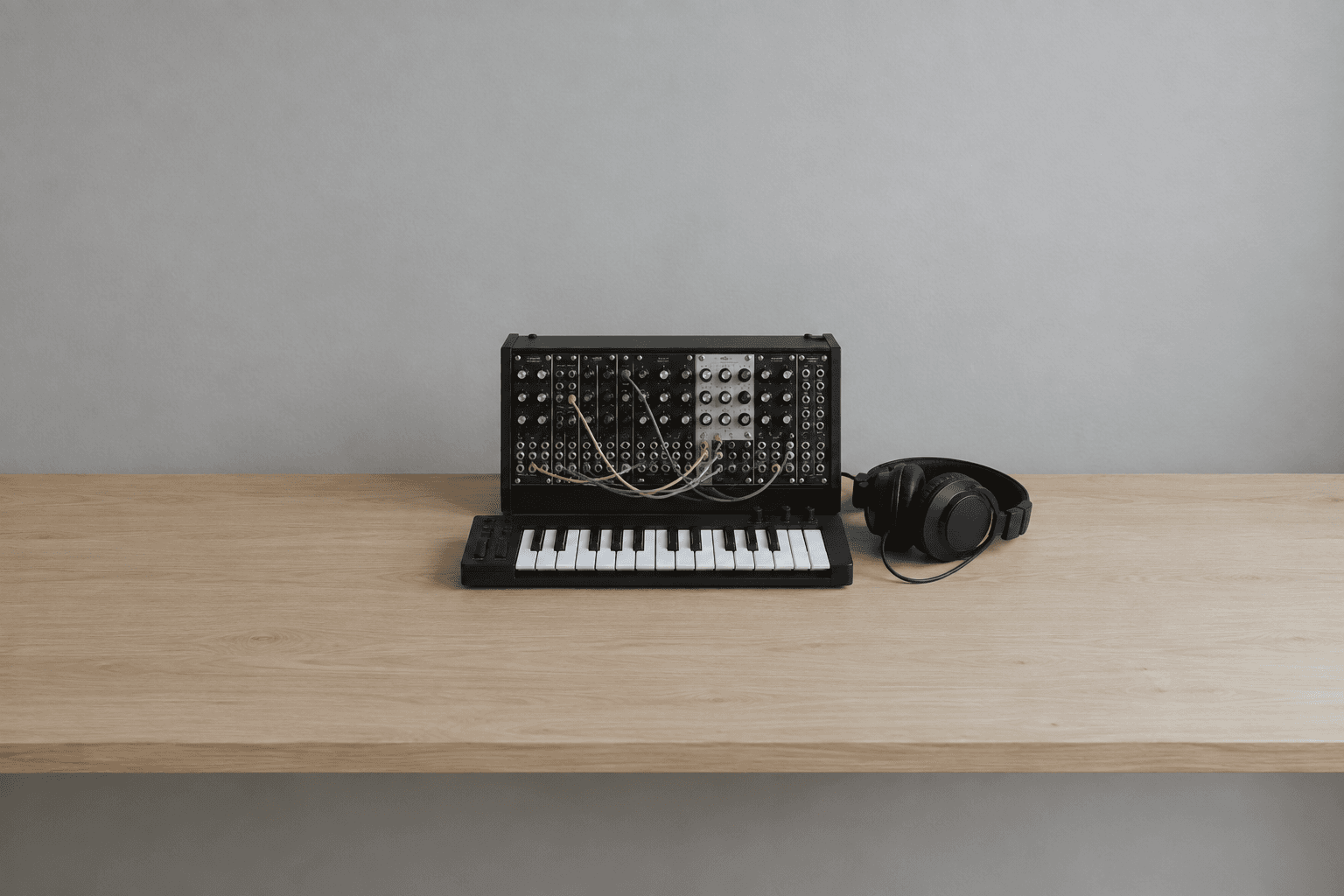 A small black modular synthesiser case with yellow, blue and green patch cables on a pale oak desk, with a 25-key black MIDI keyboard in front of it and black headphones to its right, against a plain grey wall