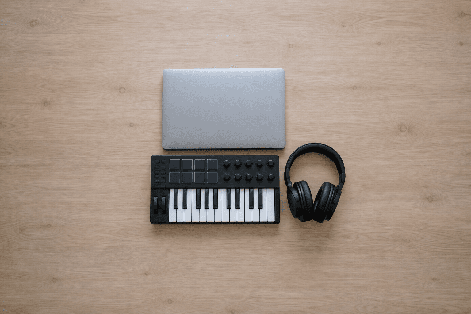 Overhead shot of a closed silver laptop on a pale wood desk with a 25-key black MIDI controller with pads and knobs below it and black closed-back headphones to its right