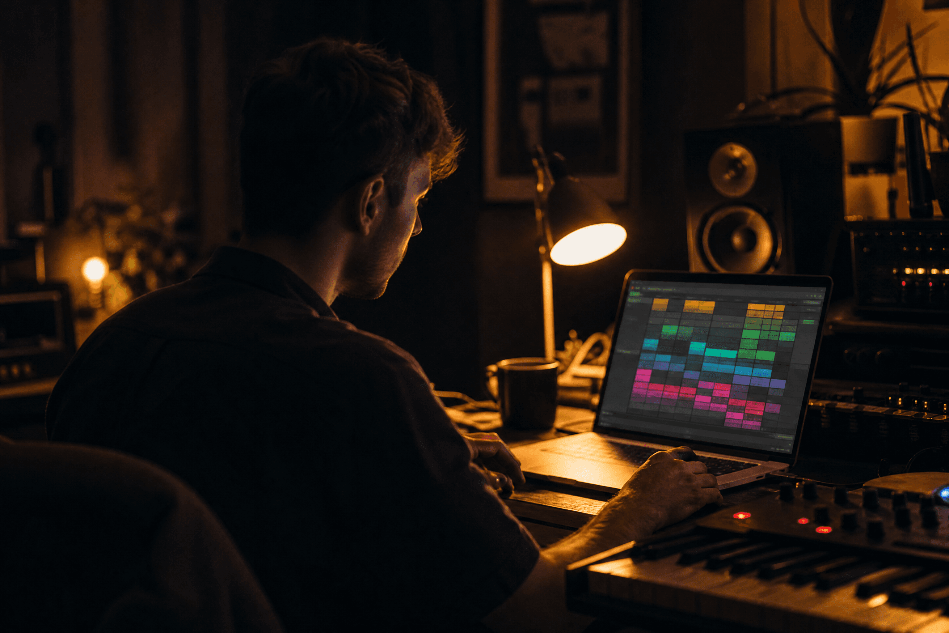 A producer working late at a laptop in a home studio, a colourful grid of clip launch pads glowing on screen