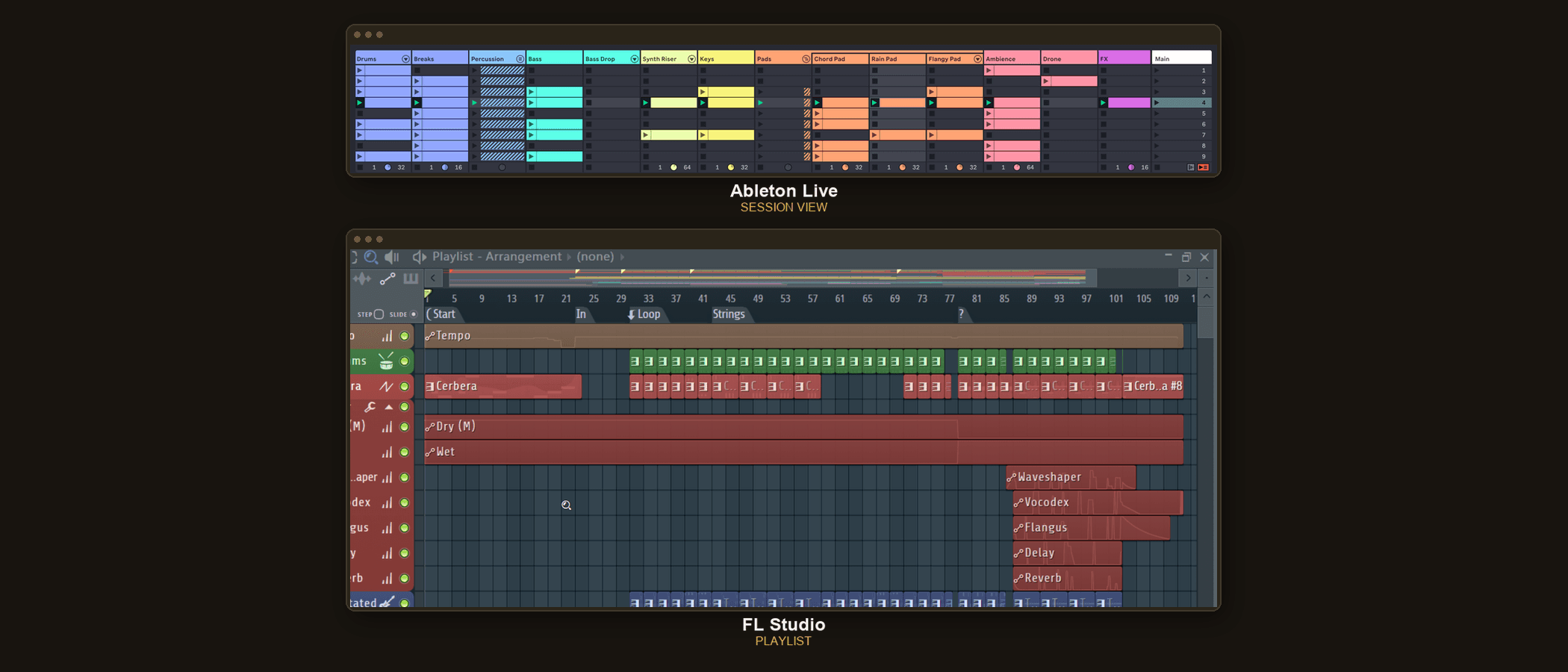 Two screenshots side by side: Ableton Live's Session View clip-launch grid on top, FL Studio's Playlist pattern timeline below