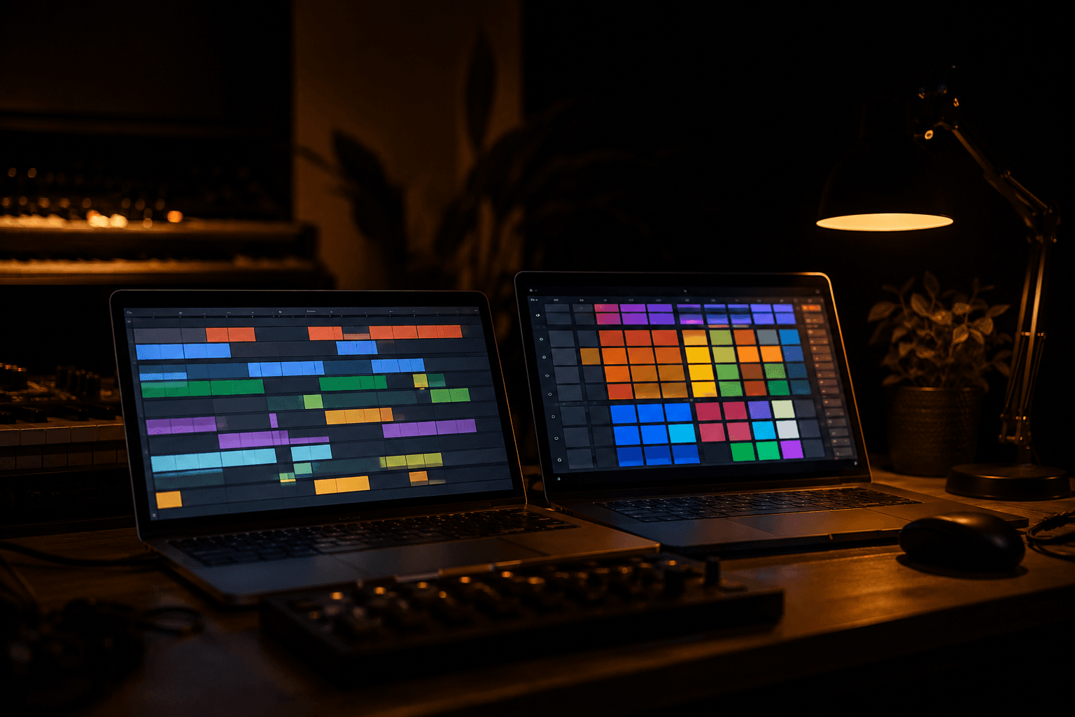 Two laptops side by side on a studio desk at night, one screen showing an abstract left-to-right pattern timeline and the other showing an abstract grid of coloured clip-launch cells, warm desk-lamp lighting, no legible text or logos