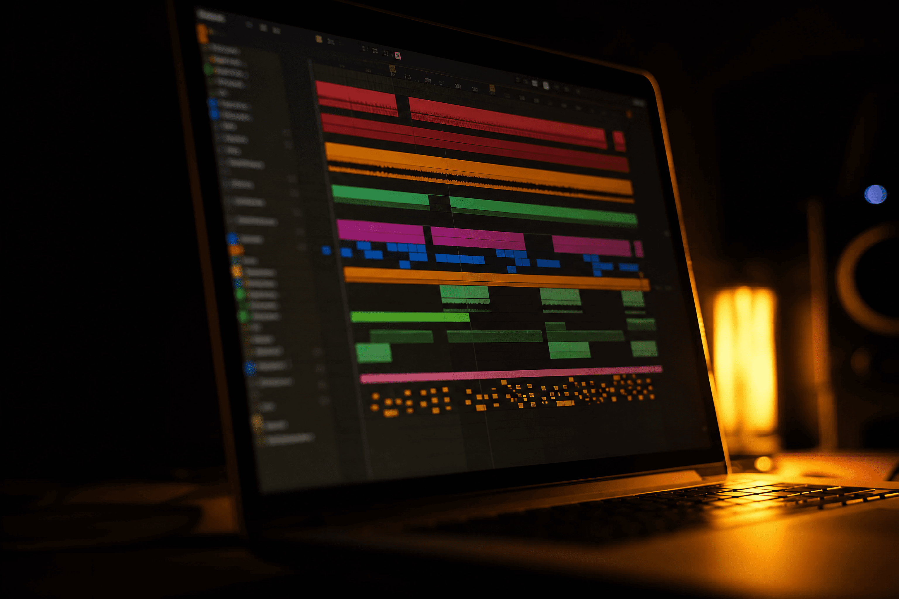A laptop screen showing a free DAW's arrangement view, colourful audio and MIDI clips laid out across a timeline
