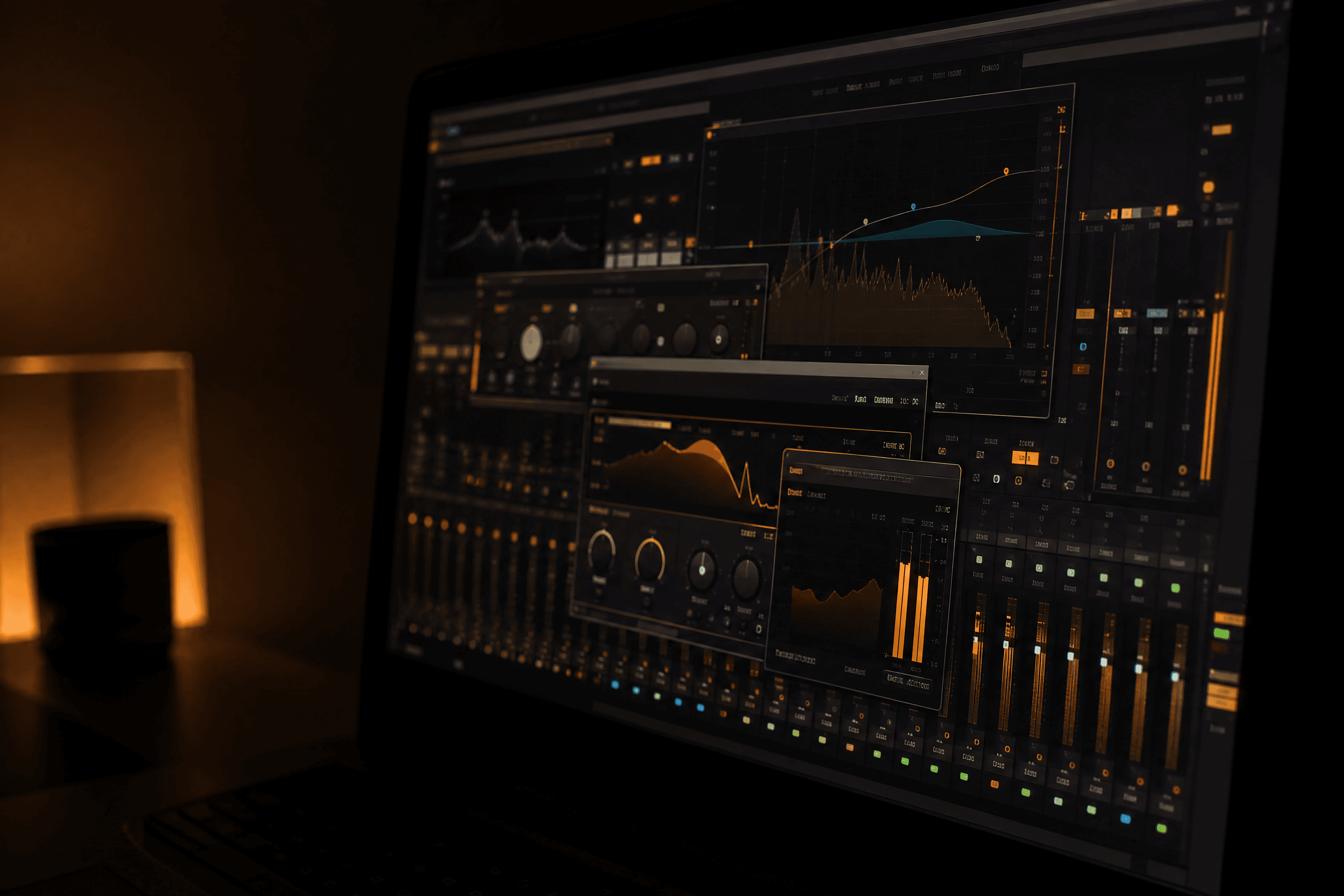 A DAW mixer view with several plugin windows open, EQ curves and compressor meters visible on screen
