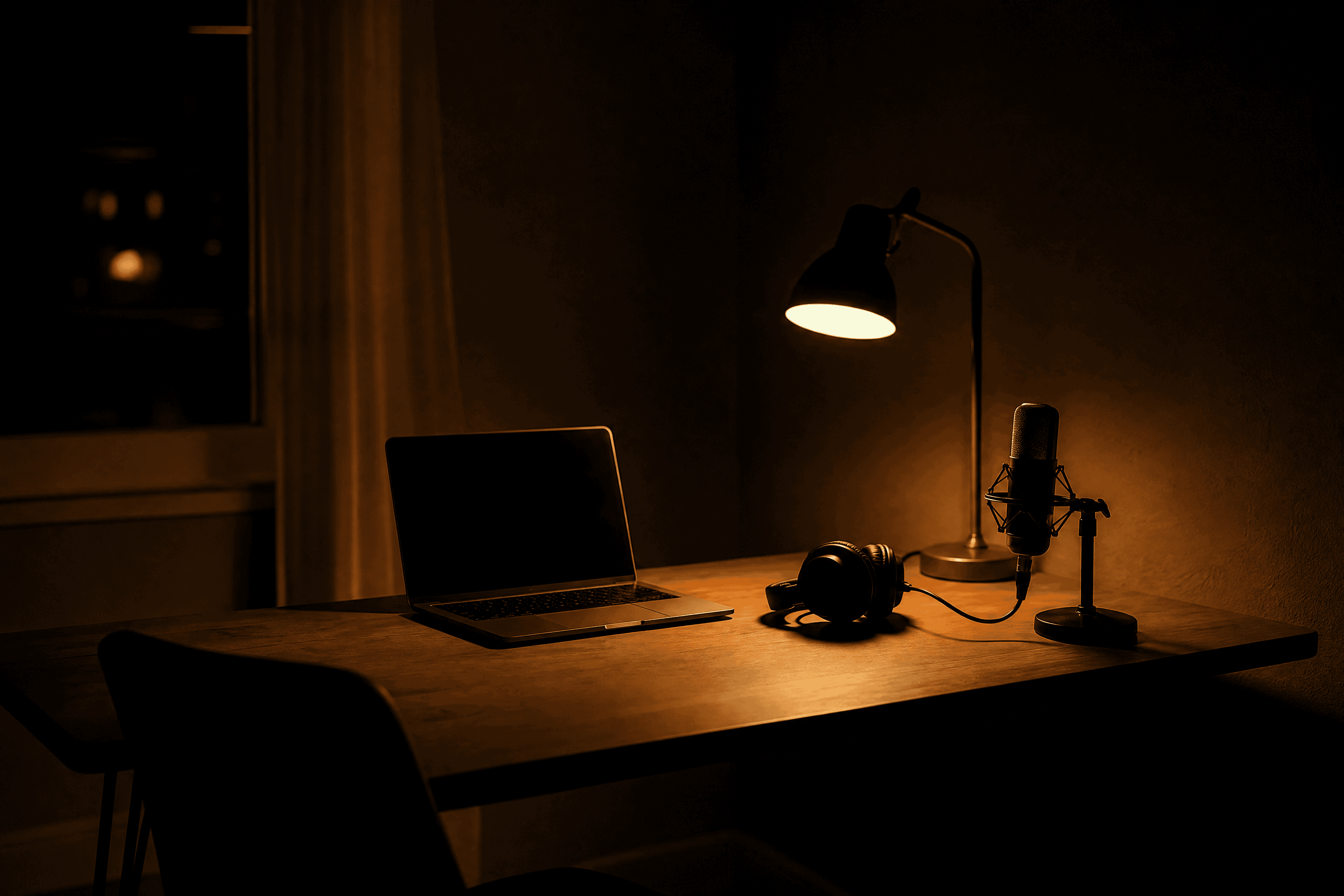 A sparse home studio setup: one laptop, one pair of headphones, one microphone, nothing else on the desk