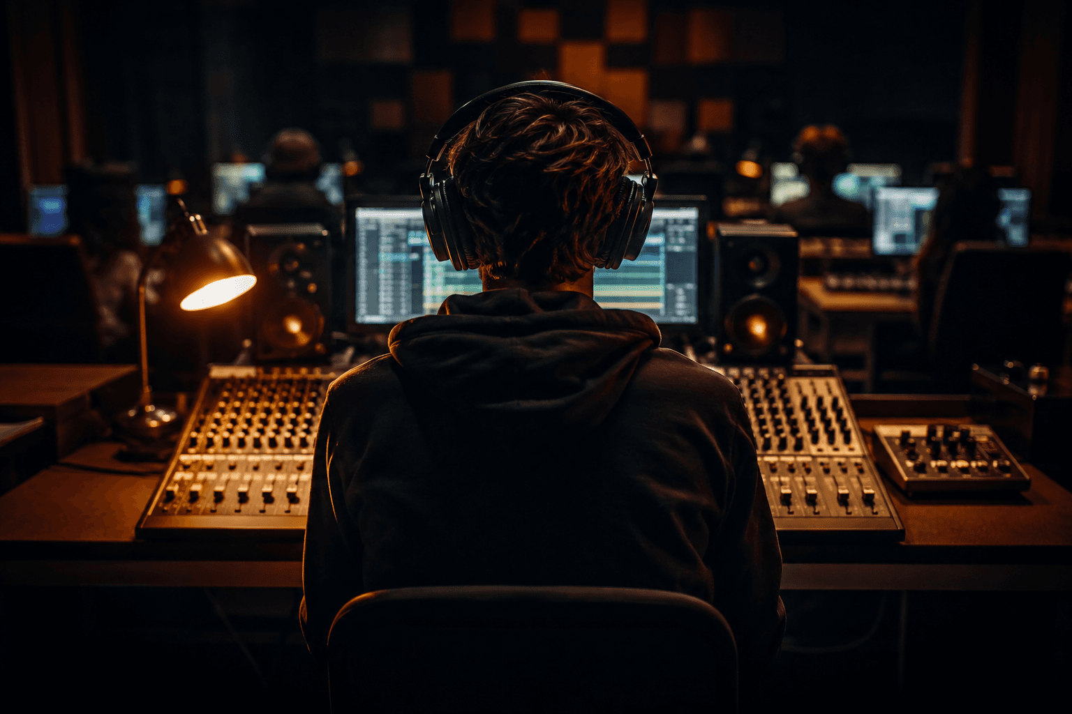 A producer at a mixing desk, wearing studio headphones, in a dark studio room