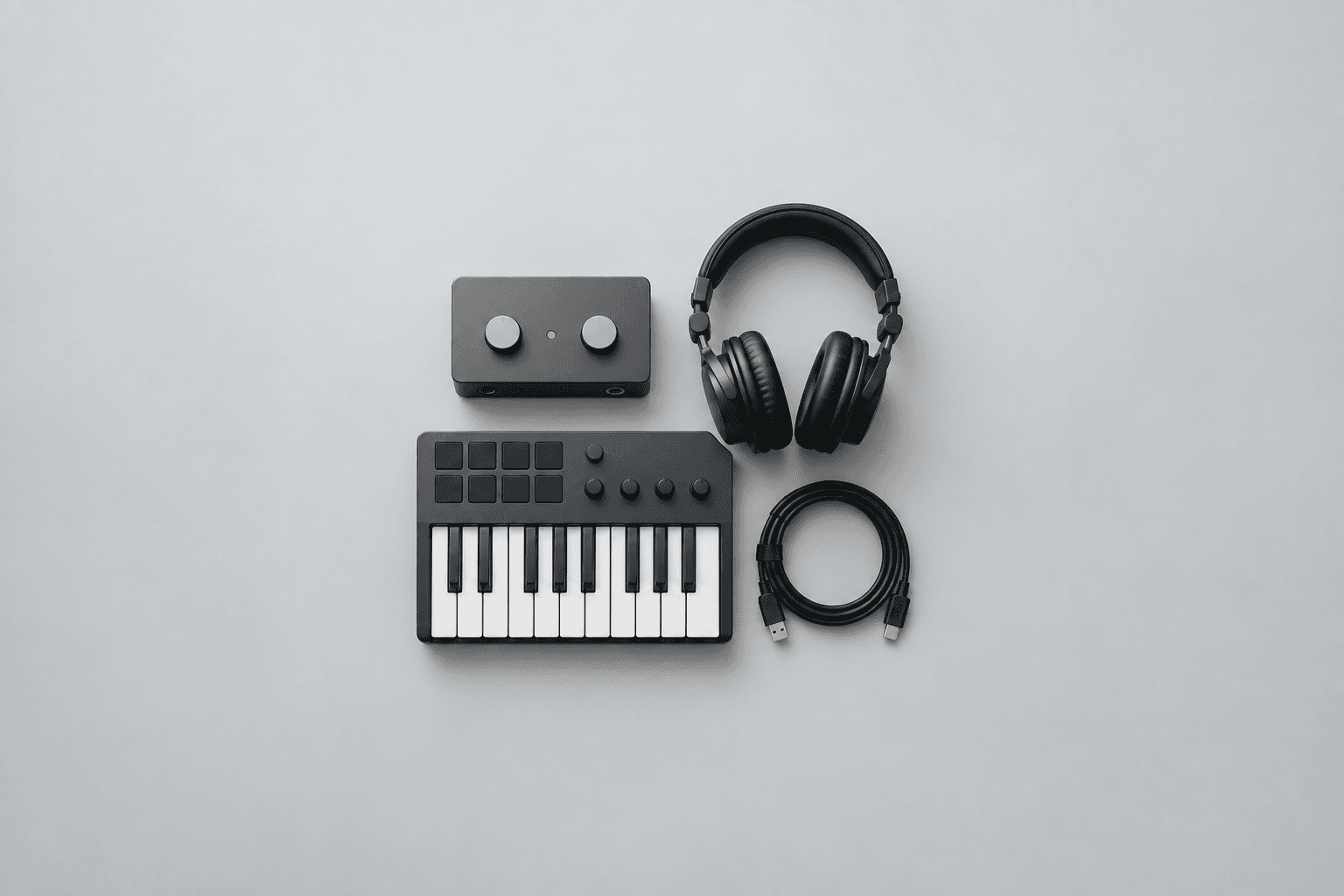 Overhead flat-lay of a small home studio kit on a plain pale grey surface: a two-knob desktop audio interface, closed-back studio headphones, a 25-key MIDI controller with pads and knobs, and a coiled USB cable