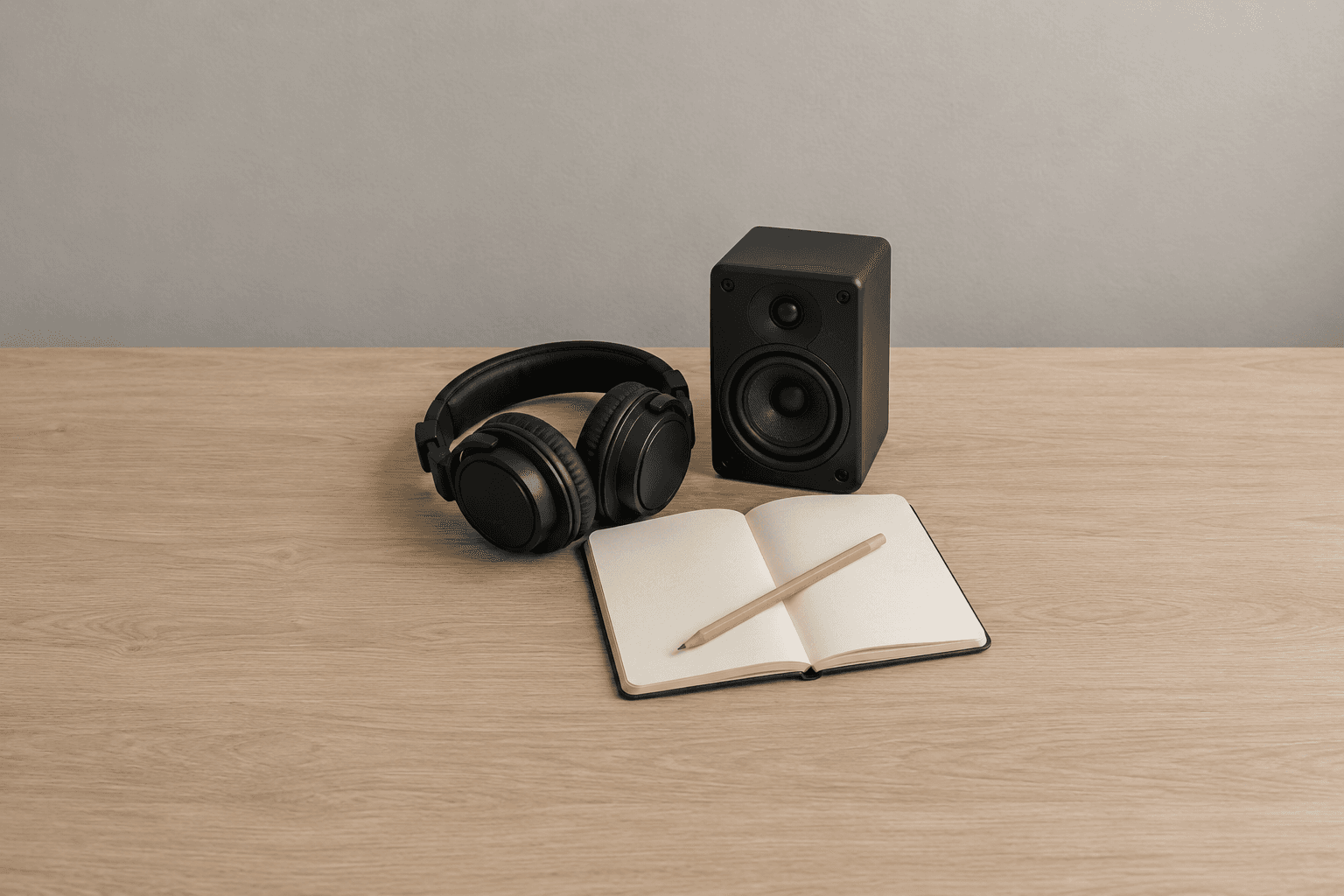 A pair of black over-ear headphones, a small black bookshelf speaker and an open blank notebook with a wooden pencil across its pages, grouped in the centre of a pale oak desk against a plain grey wall