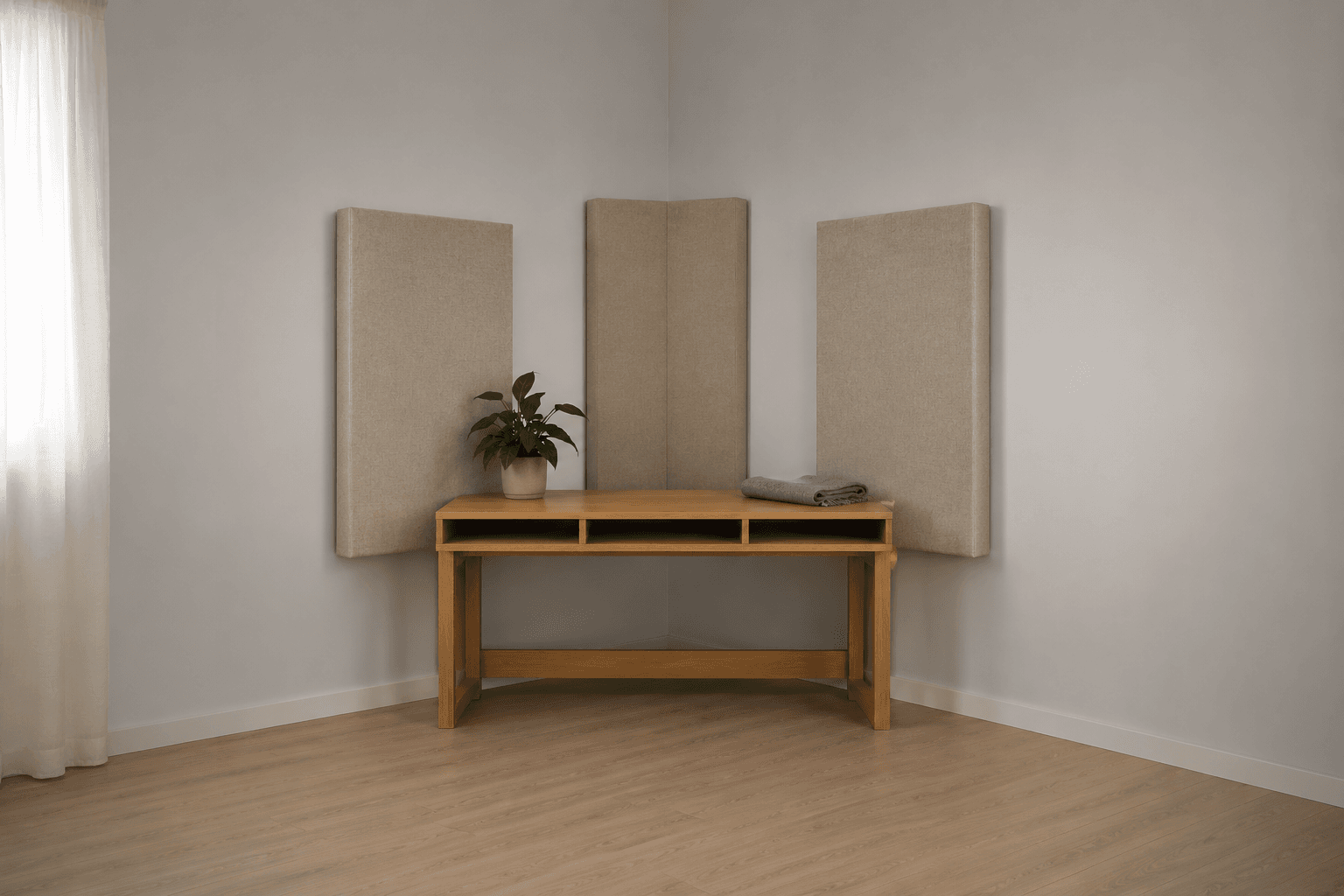 The corner of a plain pale grey room with three thick oatmeal fabric-wrapped acoustic absorber panels on the walls, the middle one folded across the corner itself, and a low light oak desk in front holding a small houseplant and a folded grey blanket