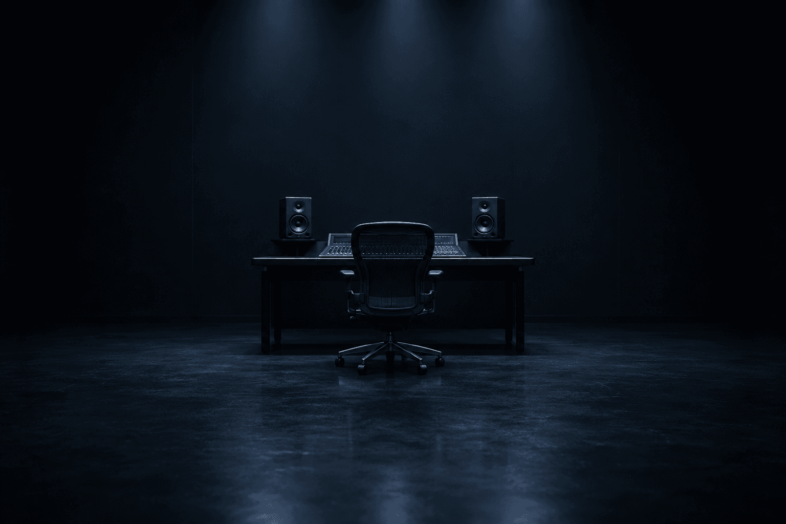 A single empty mesh-backed studio chair centred in a wide, near-black studio, lit from above, with a dark desk behind it holding a low mixing console and two studio monitor speakers, and bare polished floor stretching away on both sides