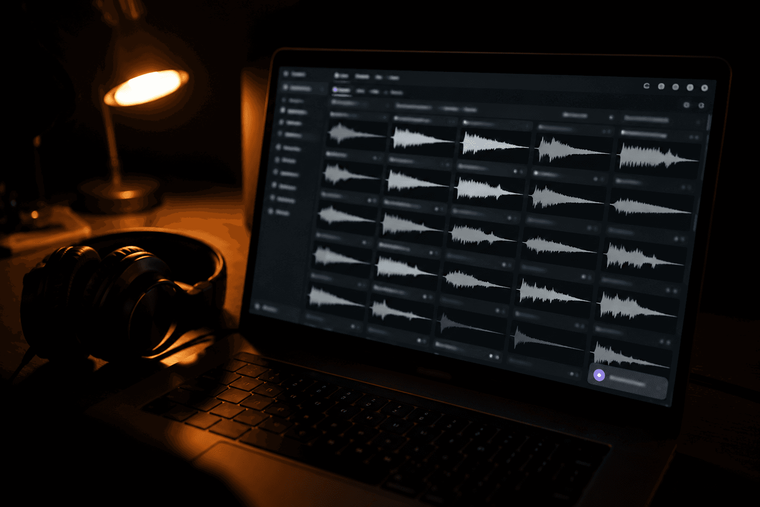Close-up over-the-shoulder view of a laptop screen showing an abstract sample browser with rows of waveform thumbnails and a non-legible credits counter, headphones resting on the desk, moody studio lighting