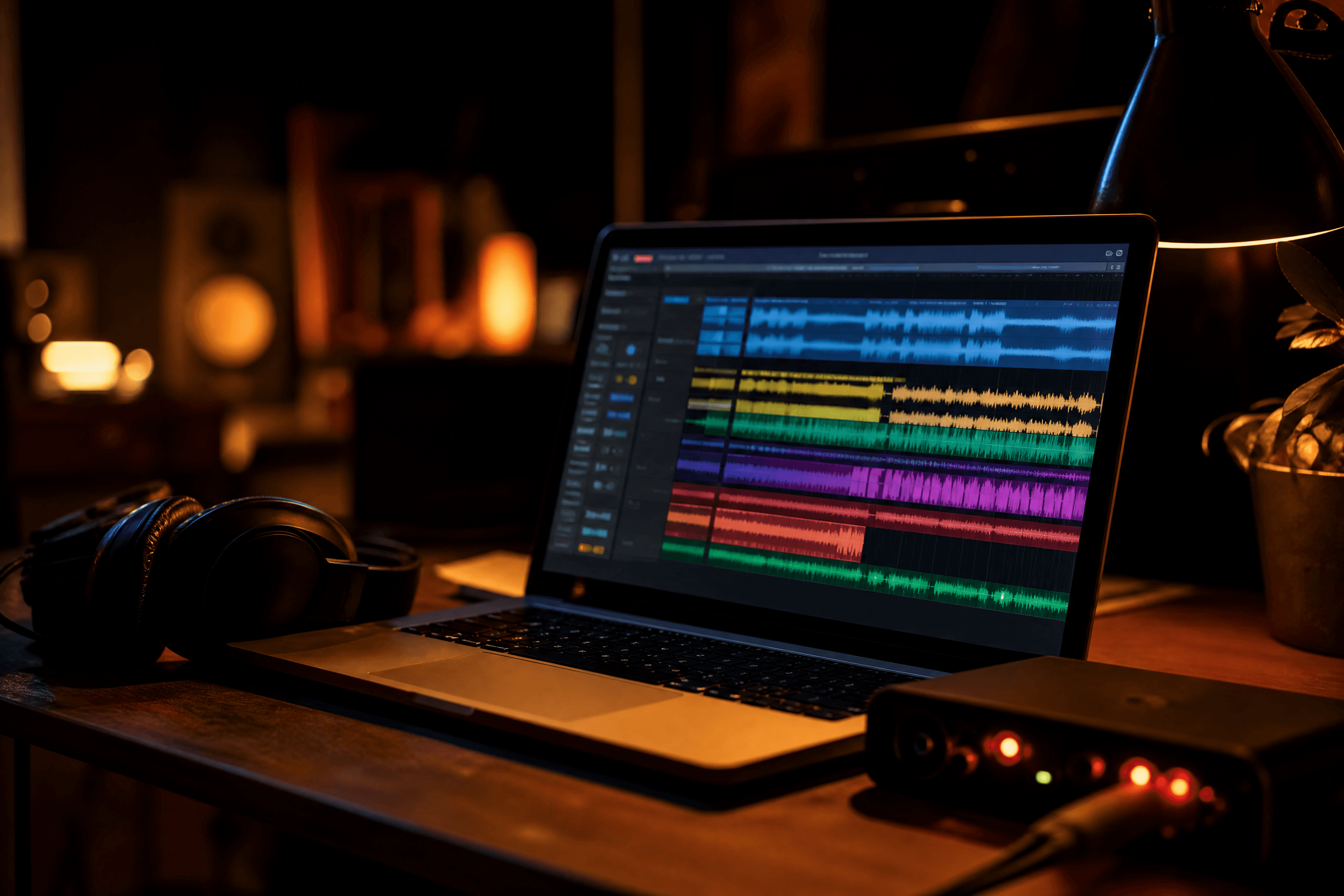 A laptop showing a DAW session open on a desk beside studio headphones and an audio interface