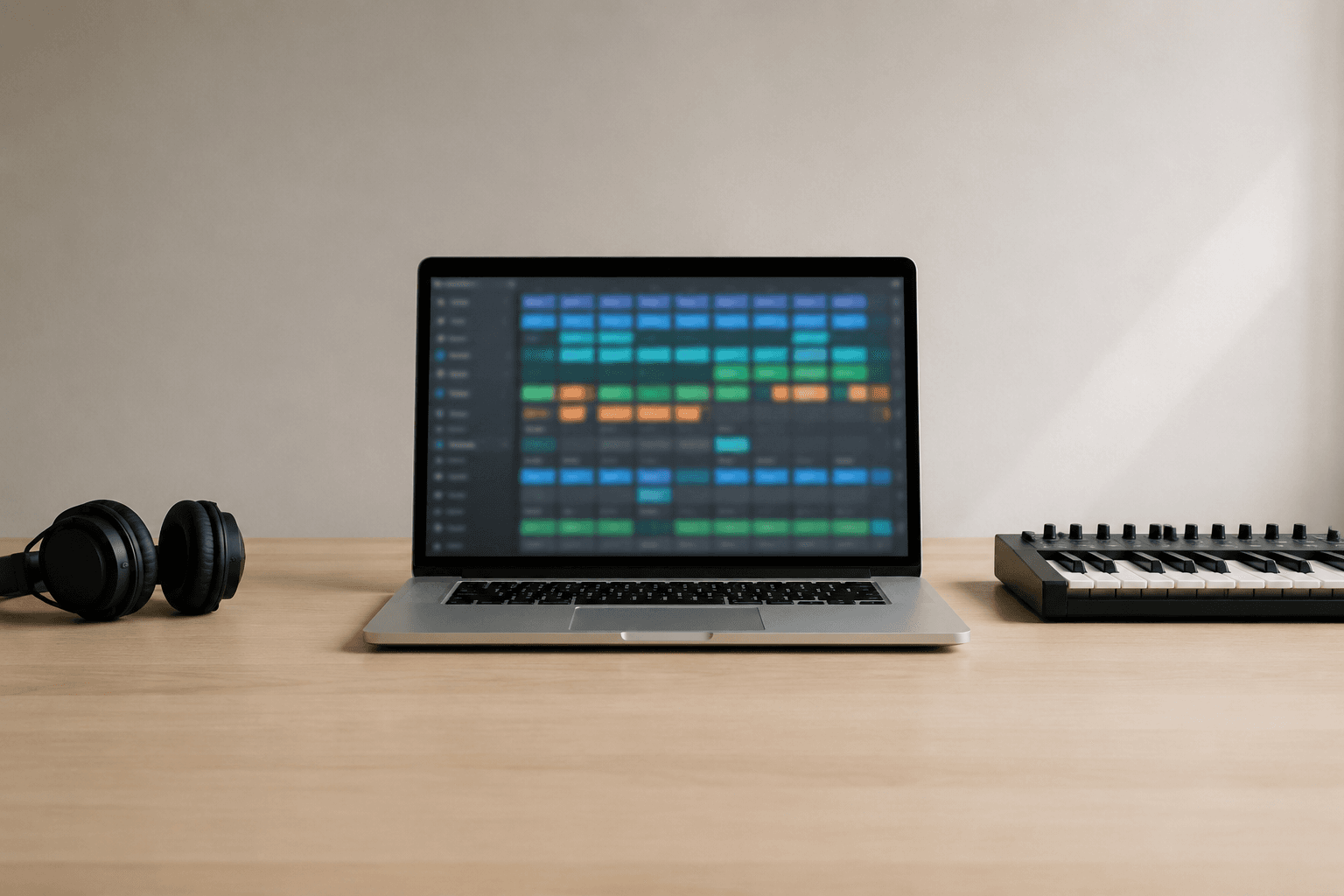 An open silver laptop centred on a pale wooden desk showing an out-of-focus grid of coloured clip blocks, with black over-ear headphones to its left and a small black MIDI keyboard to its right
