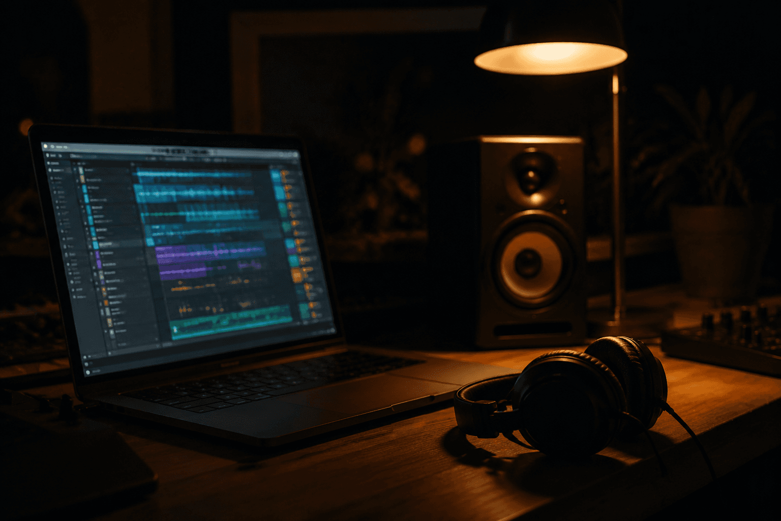 A home studio desk at night: a laptop showing an abstract DAW session, closed-back headphones resting beside a single small studio monitor speaker