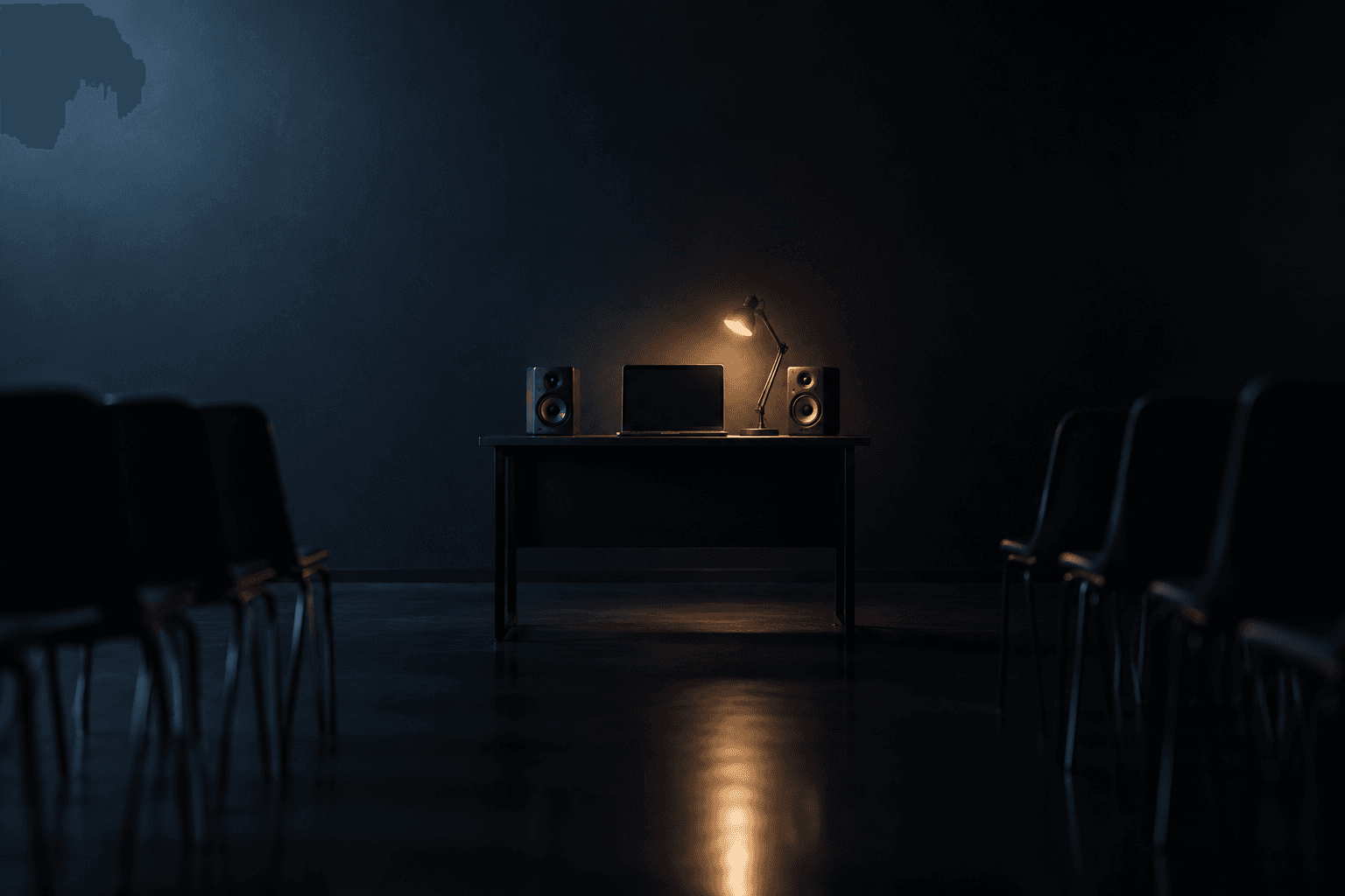A dark studio with a single desk centred in the frame holding an open laptop, two small monitor speakers and a lit desk lamp, flanked at both far edges by rows of empty classroom chairs receding into shadow