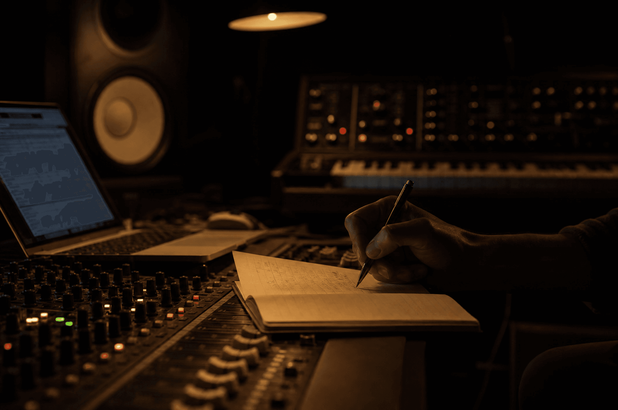 A hand writing figures in a notebook on a mixing desk at night, a laptop showing a spreadsheet glow nearby