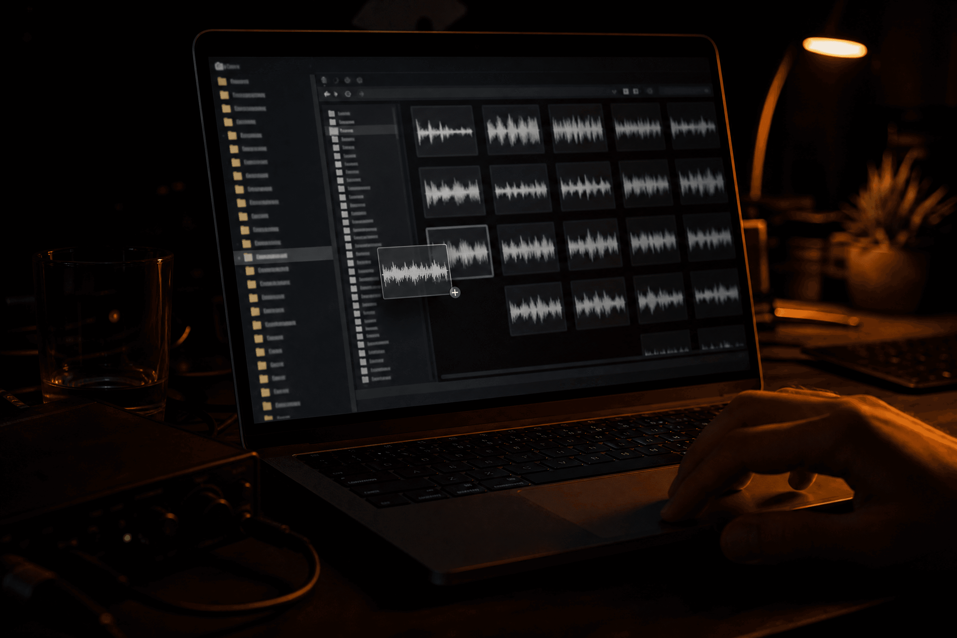 A laptop screen at night showing rows of waveform thumbnails in a sample browser, a hand resting near the trackpad