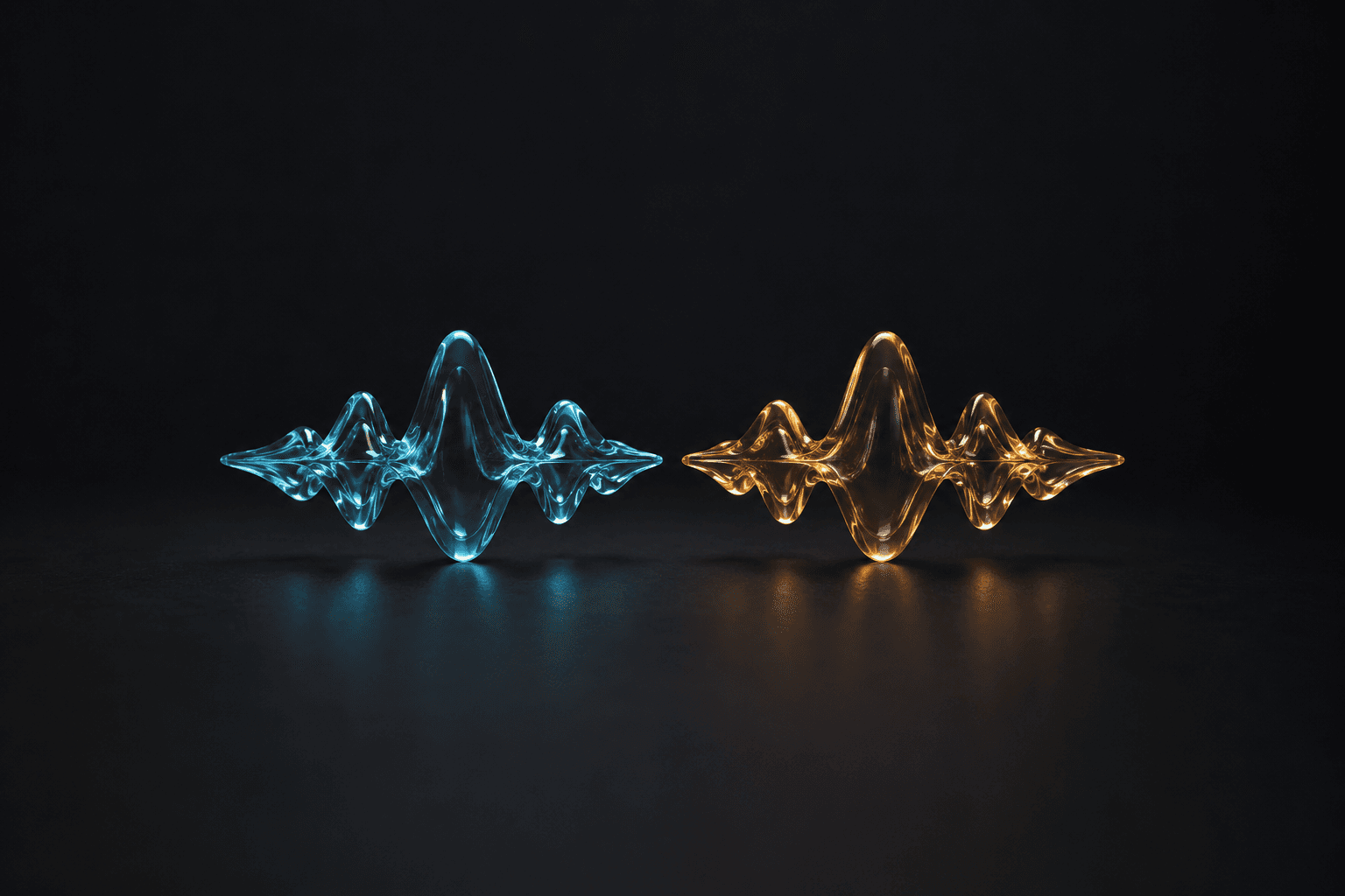 Two identically shaped sound-wave sculptures in polished translucent glass sitting side by side on a dark surface, the left one lit cool blue and the right one lit warm amber