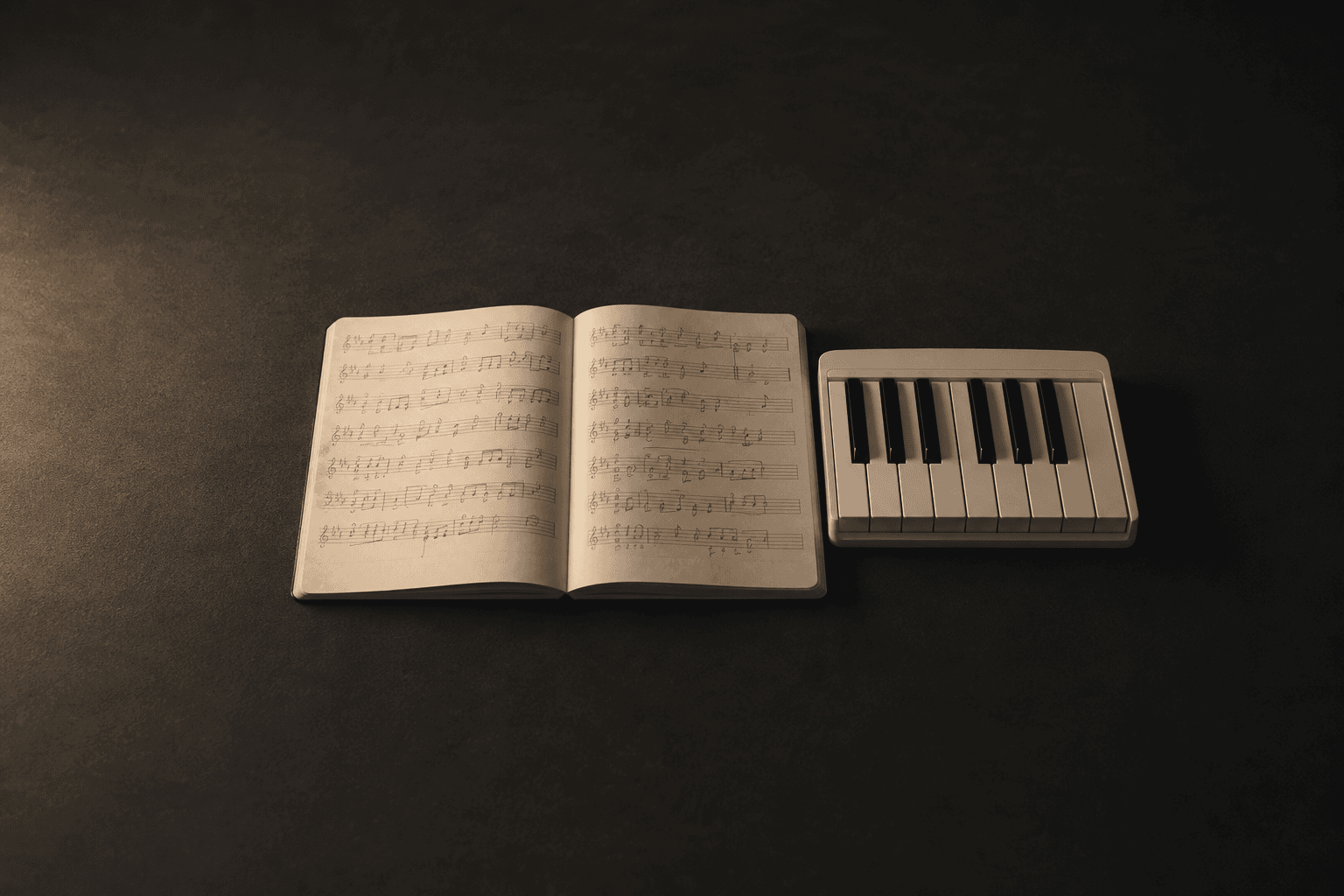 An open manuscript notebook filled with handwritten pencil musical notation, lying flat on a dark charcoal desk beside a small white one-octave MIDI keyboard, lit warmly from the left against a plain dark background