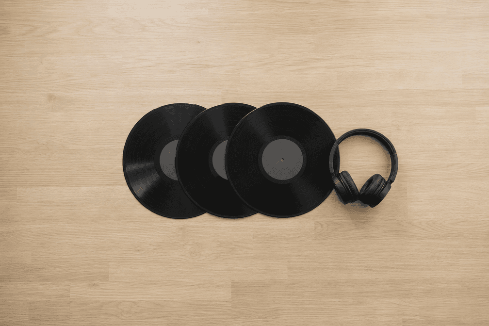 Three plain black vinyl records overlapping in a row on a pale wood surface, with black over-ear headphones resting beside them, shot from directly above in daylight
