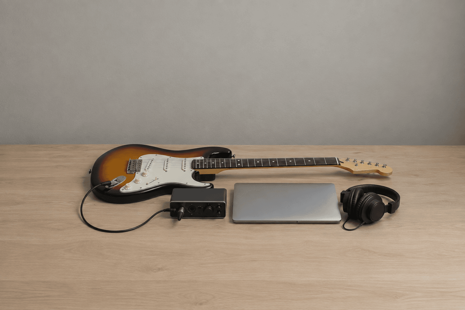 A sunburst electric guitar lying flat on a pale oak desk, cabled into a small black two-channel audio interface, next to a closed silver laptop and black headphones, against a plain grey wall