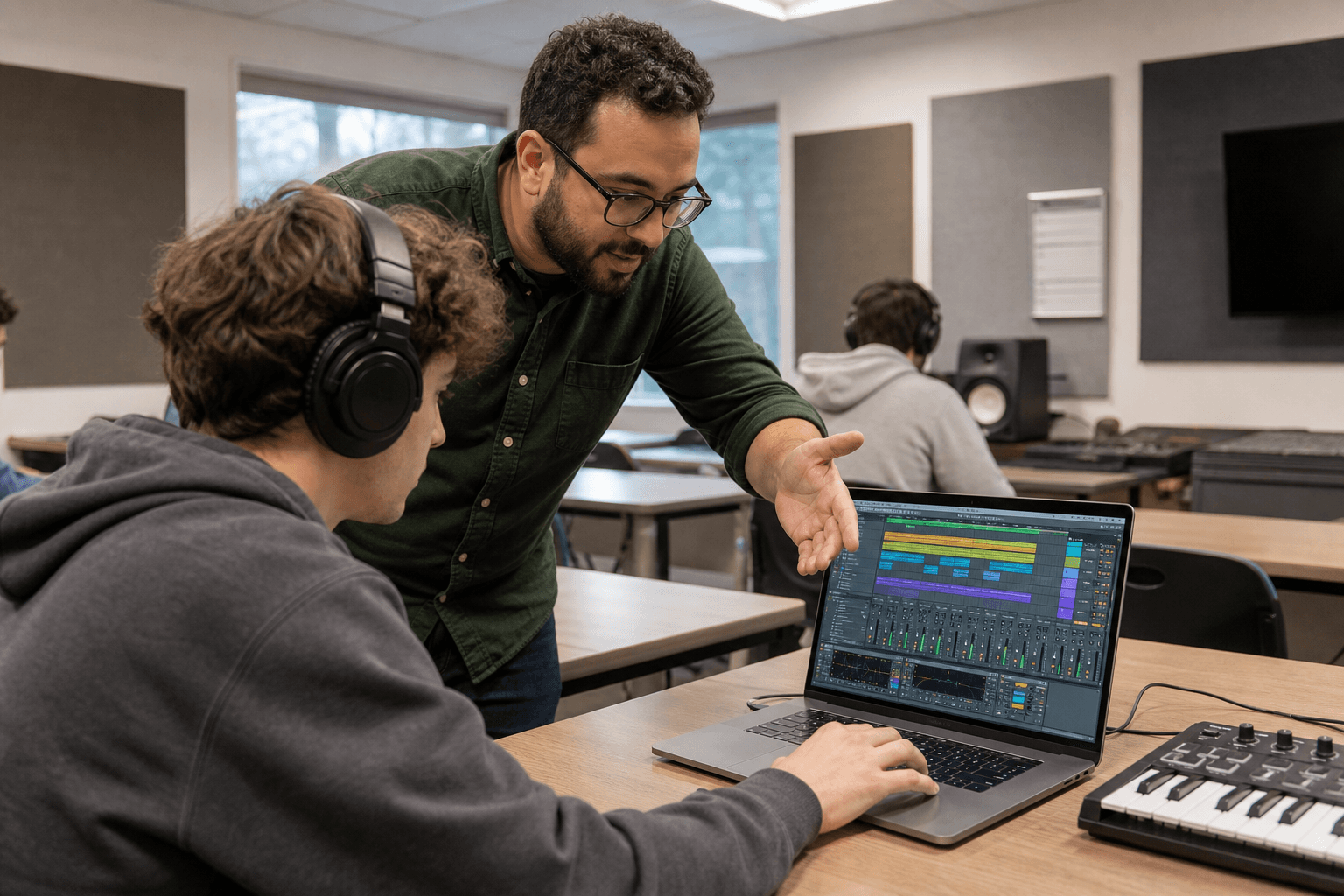 A tutor guiding a student through a track in a DAW at a music school