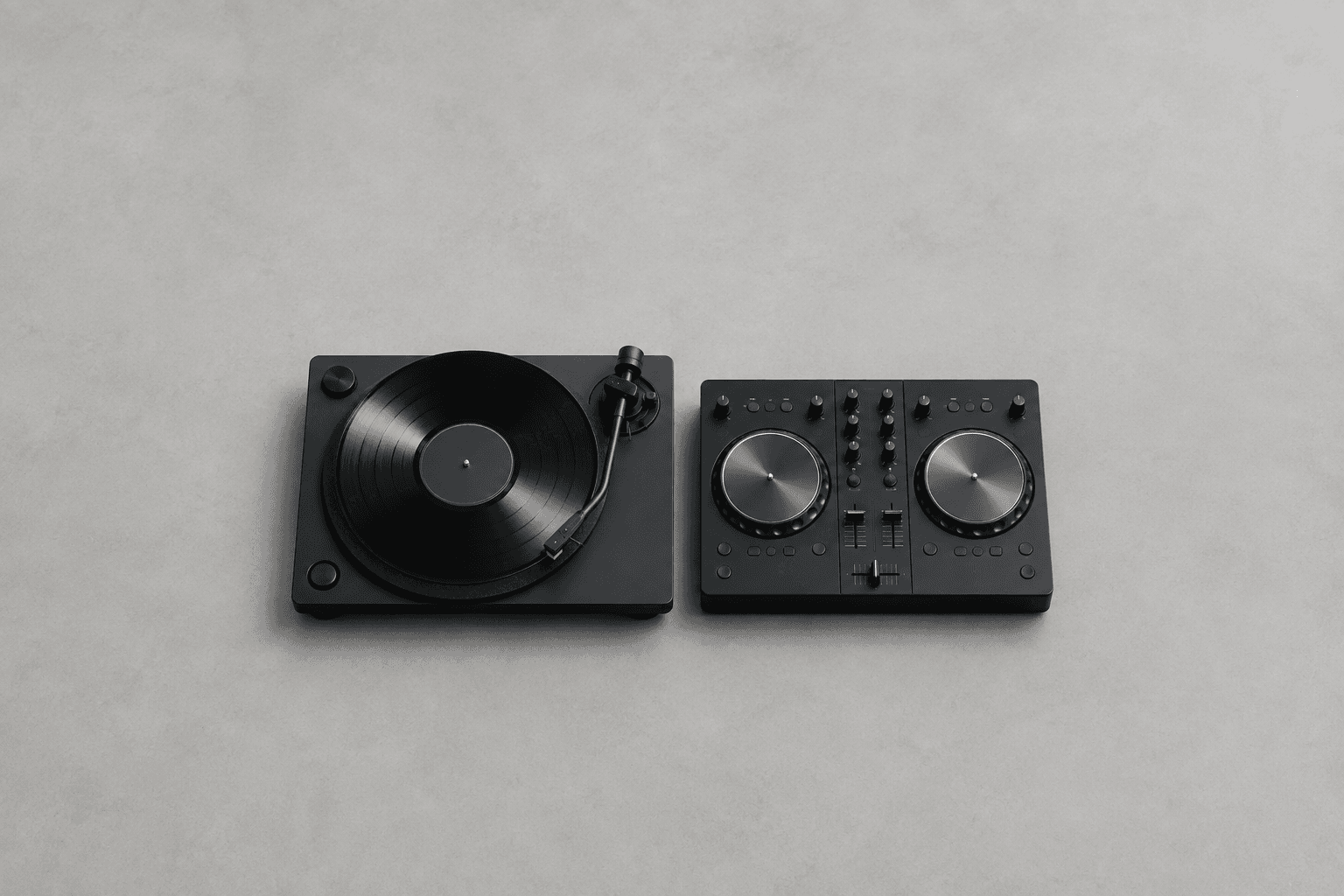 A plain black DJ turntable with an unlabelled black vinyl record on the platter and the tonearm resting on it, sitting beside a small matte black two-deck DJ controller with two metal jog wheels, channel faders and rows of small buttons, both photographed from directly above on a pale grey concrete surface with wide empty space on every side