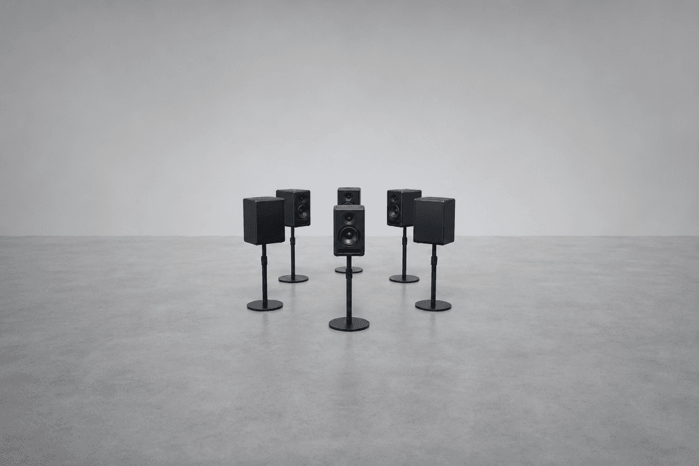 Six small matte black studio monitor speakers on slim floor stands, grouped in a loose ring at different heights on a pale concrete floor, centred against a plain light grey wall with wide empty space on every side