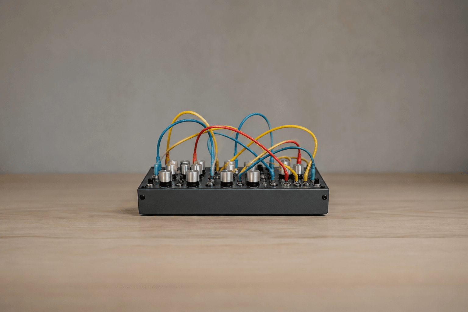 A small dark grey desktop synthesiser module with metal knobs, criss-crossed by looping yellow, red and blue patch cables, sitting centred on a pale wood desk in soft daylight against a plain grey wall