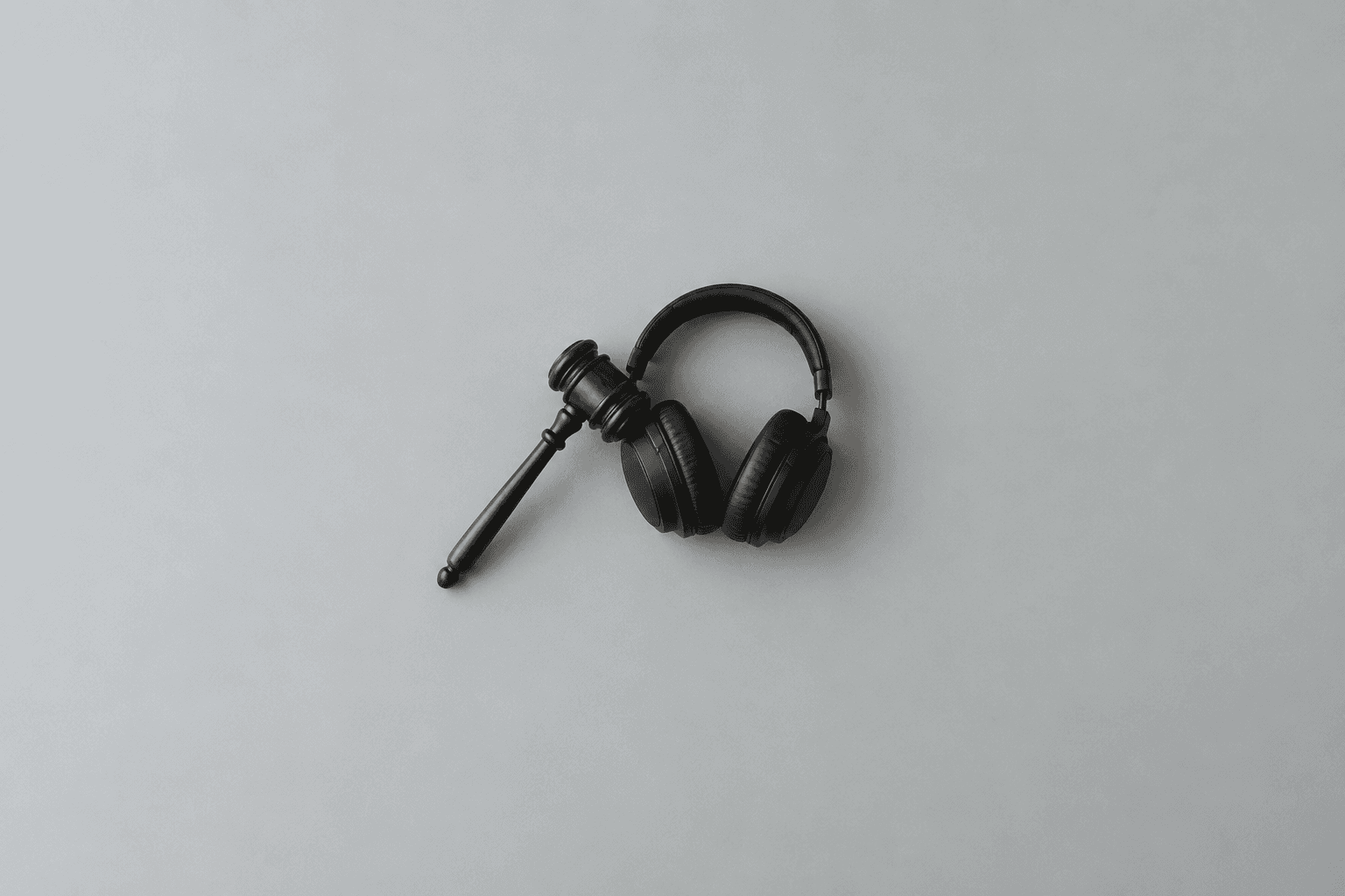 A dark wooden gavel resting beside a pair of black closed-back studio headphones, centred on a wide empty pale grey desk and shot from above