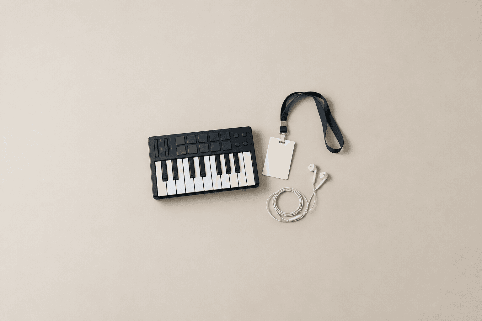 A small black mini MIDI keyboard with drum pads, a blank white ID card on a navy lanyard and a pair of coiled white wired earbuds, grouped in the centre of a wide empty pale beige desk, shot from above